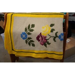 Handmade Crochet Afghan Blanket Cream Yellow Floral Rose Cross Stitch Excellent